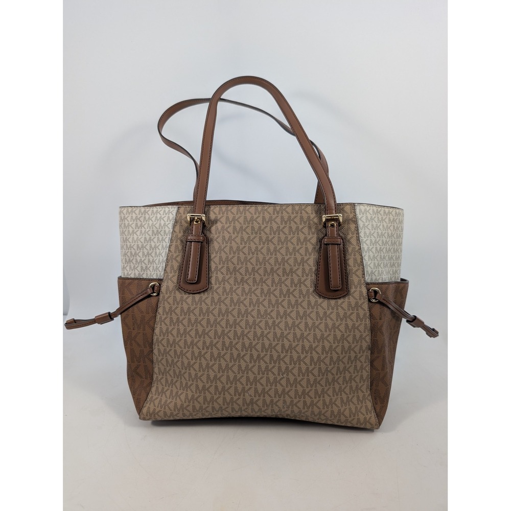 Michael Kors Voyager Tote Bag Brown Vanilla MK Monogram Signature Shoulder Bag - Picture 2 of 8